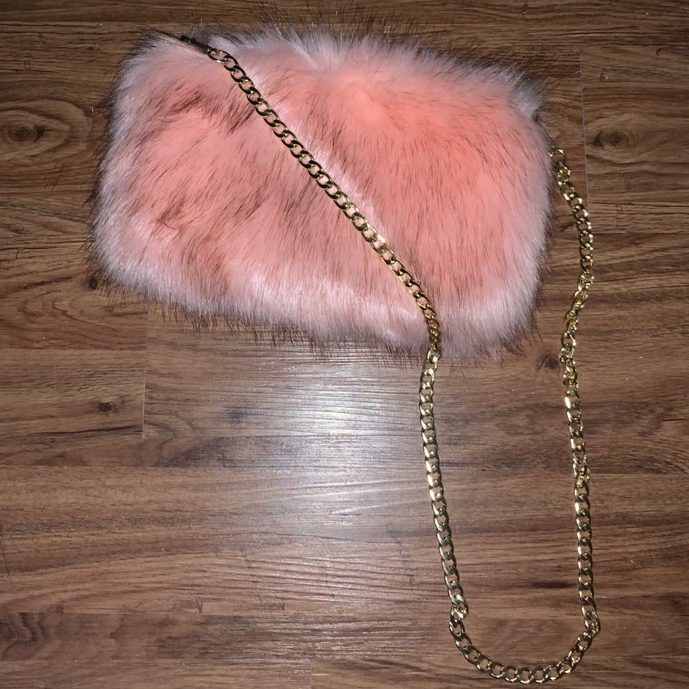 Light pink furry cross body purse